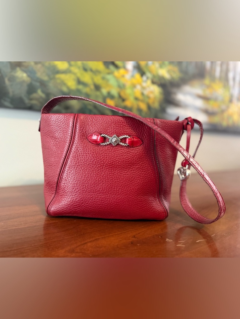 Brighton Soft Red Pebbled Leather Shoulder Bucket Bag w/ OG Charm | Vintage